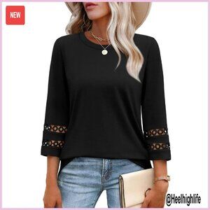 3/4 Sleeve Crewneck Blouse Loose Fit Soft Fabric Lace Detail Tops